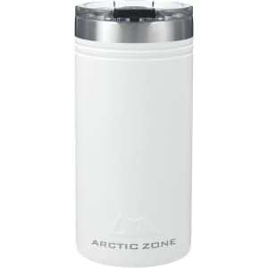 A drink bottle in white, featuring a sleek design and a stainless steel lid. It includes a logo on the front.