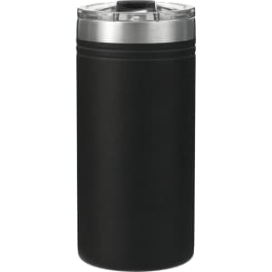 A drink bottle in matte black finish with a silver lid, featuring a logo. Ideal for keeping beverages cold.