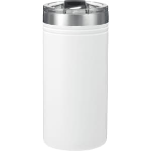 A drink bottle in white with a stainless steel lid, designed as a cool thermal holder for beverages.