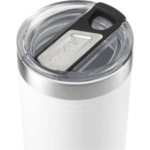 A drink bottle in white with a clear lid and a stainless steel rim, featuring a branding logo on the lid.
