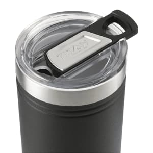 A drink bottle in black with a clear lid and a silver metal accent, featuring a logo on the lid.