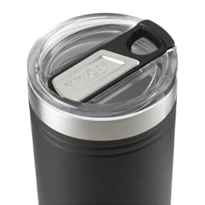 A drink bottle featuring a transparent lid and black body, with a silver band and a logo on the surface.