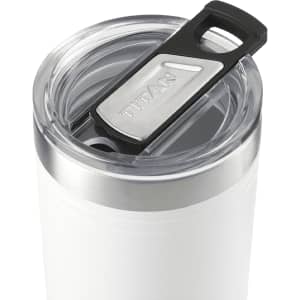 A drink bottle with a clear lid and black tab, featuring a stainless steel rim and a white body.
