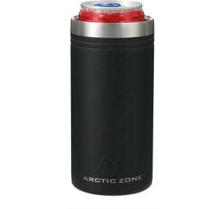 A drink bottle with a sleek black finish and stainless steel rim, designed to fit a 350ml beverage can.