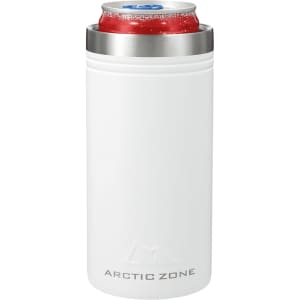 A drink bottle in white with a stainless steel top, designed to hold standard 350ml cans. Features a logo.