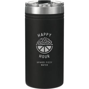 A drink bottle in matte black with a clear lid, featuring a logo and designed for beverage insulation.