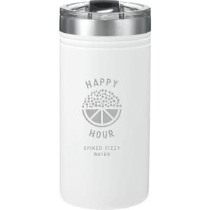 A drink bottle in white featuring a silver lid, with a logo and text design for "Happy Hour."