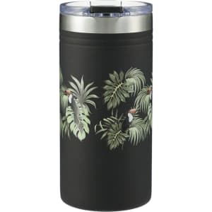 A drink bottle in matte black featuring tropical leaves design, with a silver lid and a branding logo.