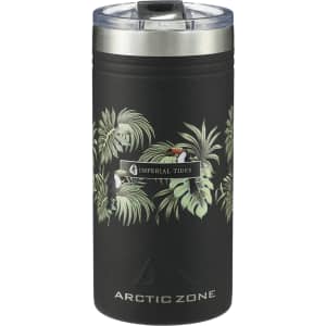 A drink bottle featuring a matte black design with tropical foliage and a silver lid, complete with a logo.