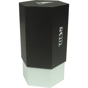 A drink bottle with a sleek black and white design, featuring a hexagonal shape and a logo.