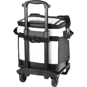 A white and black rolling cooler with a handle and wheels, featuring side pockets and a logo.