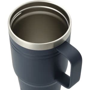 A drink bottle with a navy exterior and a stainless steel rim, featuring a sturdy handle and a simple design.