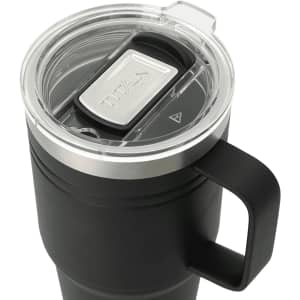 A drink bottle in black with a clear lid and a stainless-steel rim, featuring a handle and a logo.