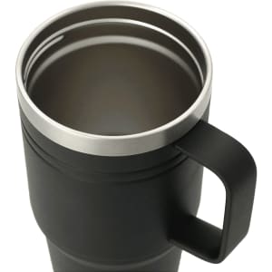 A drink bottle in matte black with a stainless steel rim and a sturdy handle. It features a logo on the body.