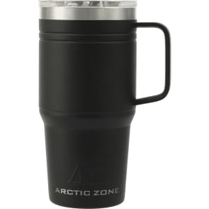 A drink bottle featuring a sleek black stainless steel design with a clear lid and a sturdy handle, complete with a logo.