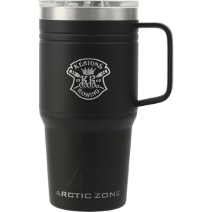 A drink bottle in matte black with a handle, featuring a branding logo and a transparent lid.