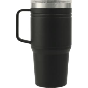 A drink bottle in matte black with a stainless steel lid and a sturdy handle. It includes a logo.