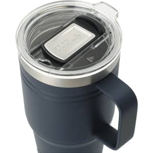 A drink bottle in navy blue with a transparent lid and a handle, featuring a logo on the lid.