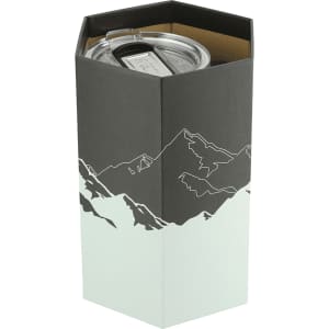A drink bottle in a hexagonal box featuring a mountain design, showcasing a clear lid and stainless steel body.