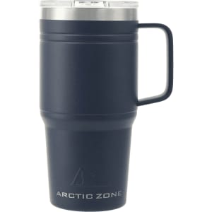 A drink bottle in navy blue with a stainless steel lid and a sturdy handle, featuring a logo.