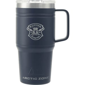 A drink bottle with a navy exterior, stainless steel lid, and a handle, featuring a logo.