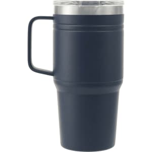 A drink bottle with a dark navy exterior, stainless steel lid, and handle, featuring a logo.