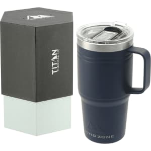 A drink bottle in navy blue with a stainless steel lid, alongside a stylish black packaging box.