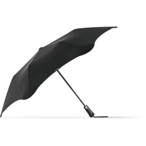 A black umbrella with a sleek design and a single sturdy arm, featuring a brand logo.
