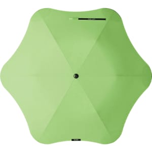 A green BLUNT Metro Umbrella with an octagonal shape and a central button, featuring a logo.