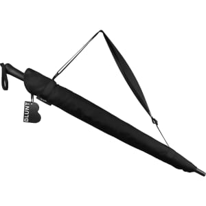 A black umbrella with a handle and strap, featuring a branding logo and tag.
