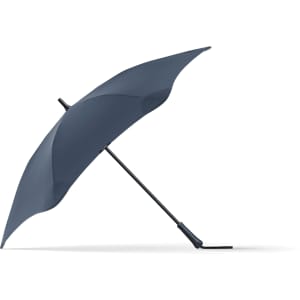 A navy umbrella with a curved canopy and a sturdy black handle, featuring a logo on the shaft.