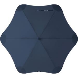 A navy blue BLUNT Classic Umbrella with a unique star shape and a central handle. It features a logo on the design.