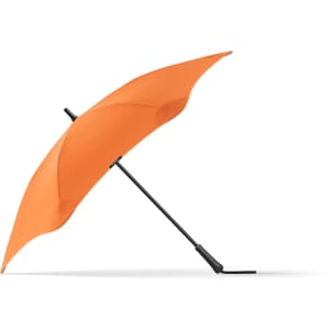 An orange umbrella with a black handle, featuring a sleek design and a curved canopy.