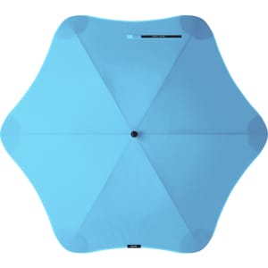 A light blue umbrella with a star-shaped design and a central hub. It features a logo on the top.