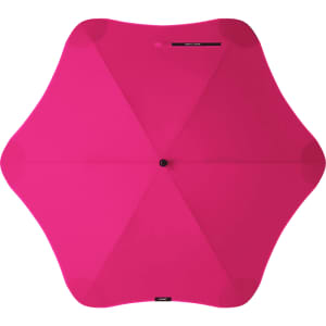 A pink umbrella with a star-shaped design, featuring a central button and a brand logo.