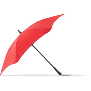 A red BLUNT Classic Umbrella with a black handle, showcasing its unique curved design. It features a logo on the canopy.