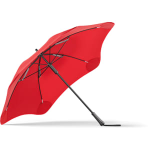 A red umbrella with a black frame, featuring a logo on the handle.