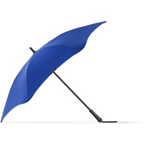 A blue umbrella with a sleek design and a black handle, featuring a logo on the handle.