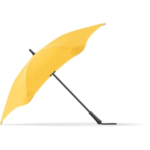A yellow umbrella with a sleek design, featuring a black handle and a branding logo.