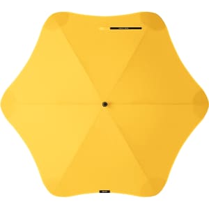 A yellow umbrella with a star-shaped canopy and a central pole. It has a logo on its surface.