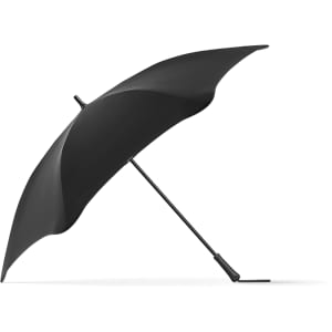 A black umbrella with a curved canopy and a sleek handle, featuring a logo on the canopy.