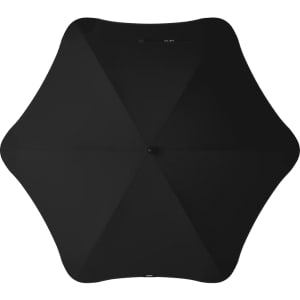 A black umbrella featuring a sleek, modern design with a central button and a curved silhouette.