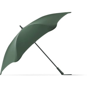 A green umbrella with a sleek design and a curved canopy, featuring a black handle and a logo.