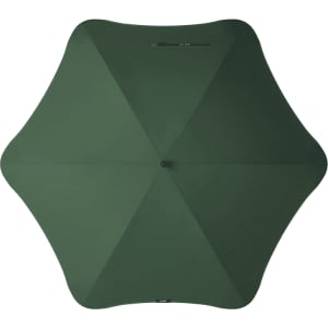 A green umbrella with a streamlined design, featuring a central button and a minimalist look. It has a logo on it.