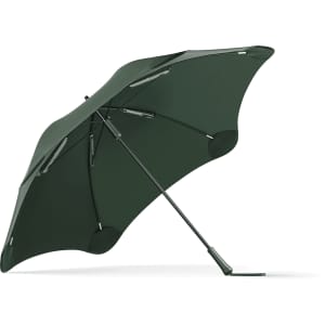 A dark green umbrella with a sleek design and a sturdy frame, featuring a logo.