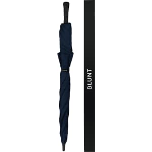 A navy umbrella with a sleek design, featuring a handle and branding on the side.