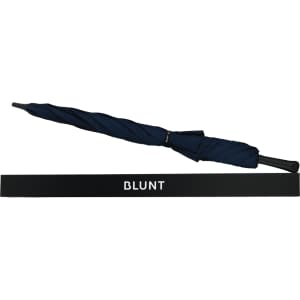 A navy umbrella with a twisted design, accompanied by a protective sleeve, featuring a logo.
