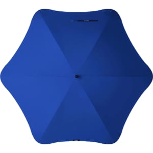 A blue umbrella with a rounded shape and a central point, featuring a branding logo.
