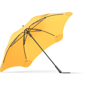 A yellow umbrella with a sleek design and a sturdy black frame, featuring a branding logo.