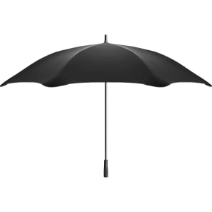 A black sport umbrella with a sturdy design and a handle, featuring a logo on the shaft.